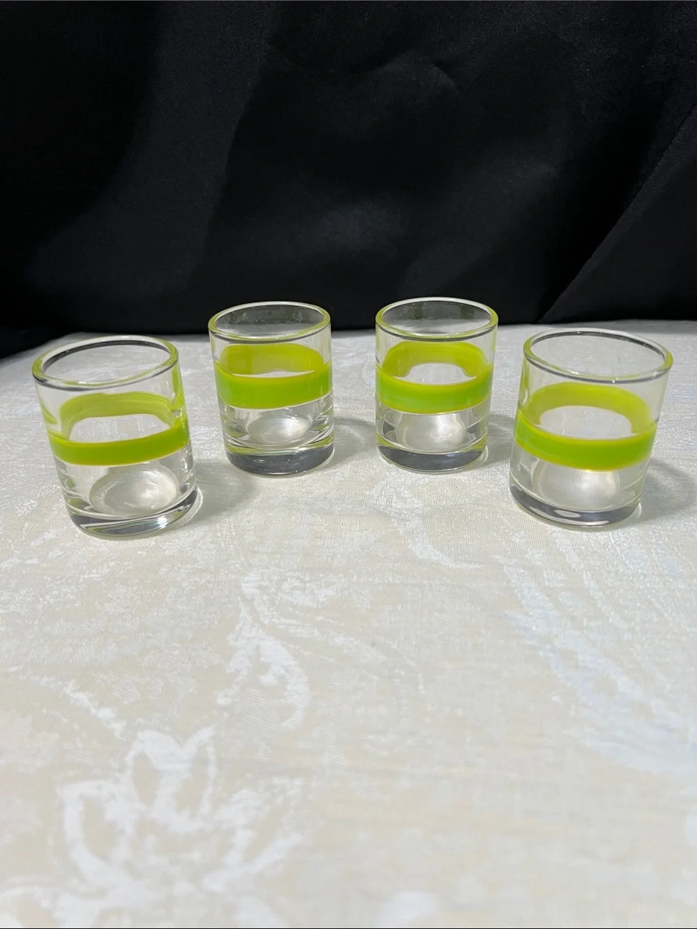 Set of 4 Crate and Barrel Lime Green Band Shot Glasses - Clear Glass Barware